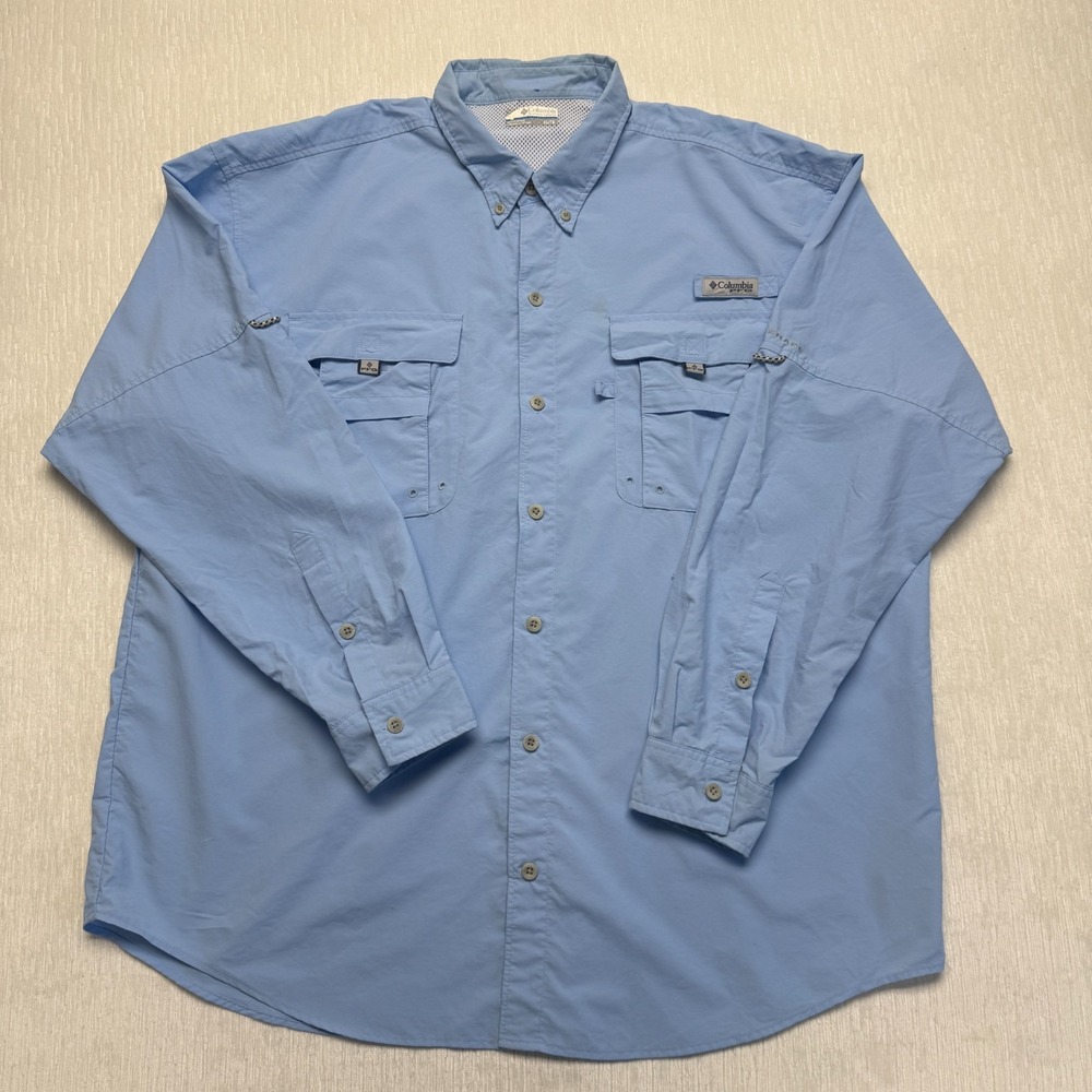 Columbia PFG Button Down Shirt Vented Bahama II Omni Shade Mens XL Blue Mesh
